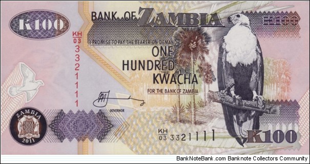 Zambia 100 kwacha Dated 2011 New Printer: Giesecke & Devrient. Prefix KH/03. Banknote