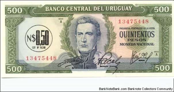 P54a - 0.50 Nuevos Pesos stamped on 500 Pesos(P48) Banknote