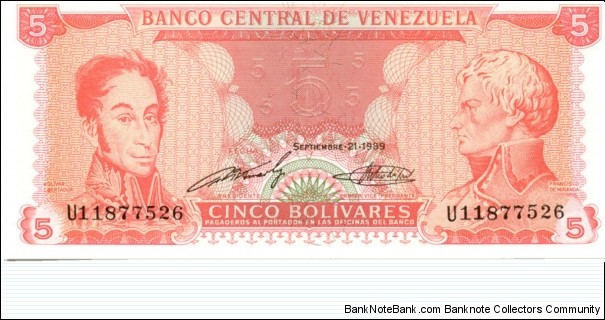 P70b - 5 Bolivares - 21.09.1989 - 8 digit serial Banknote