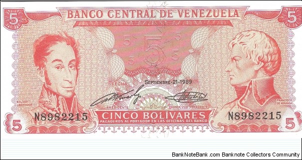 P70a - 5 Bolivares - 21.09.1989 - 7 digit serial Banknote