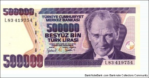 Turkey Pick 212 500000 Lira L.1970 Banknote