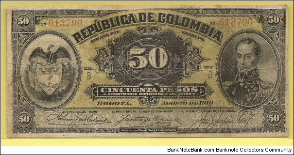 COLOMBIA 50 Pesos Republica de Colombia 1910 - SOLD Banknote