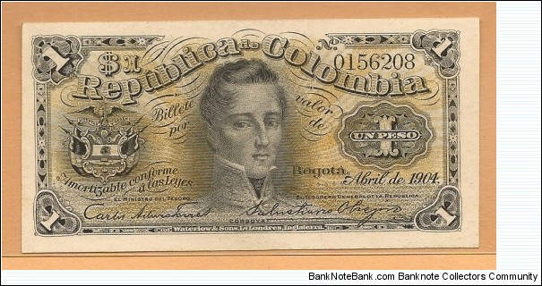 COLOMBIA 1 Peso Republica de Colombia 1904 - UNC SOLD Banknote