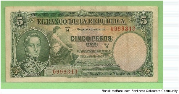 SOLD-COLOMBIA 5 Pesos Rep. de Colombia 1927 - VERY RARE -sold- Banknote