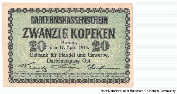 20 Kopeken(Ostbank division/German occupation of Lithuania 1916)  Banknote