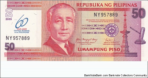 Philippines 50 piso 2009, commemorative overprint: 60th Anniversary Bangko Sentral (1949-2009) Banknote