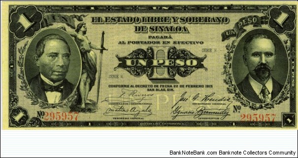 1 Peso : El Estado Libre Y Soberano De Sinaloa Banknote