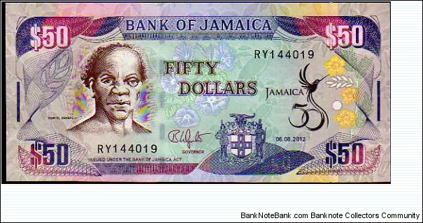 50 Dollars__
pk# New__
06.08.2012__
Commemorative: Golden Jubilee of Jamaica, 1962-2012 Banknote