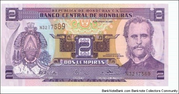 Honduras 2Lempiras 2003 UNC Front: Marco Aurelio Soto Honduras 2Lempiras 2003 Back: Island, and Port of Amapala Banknote