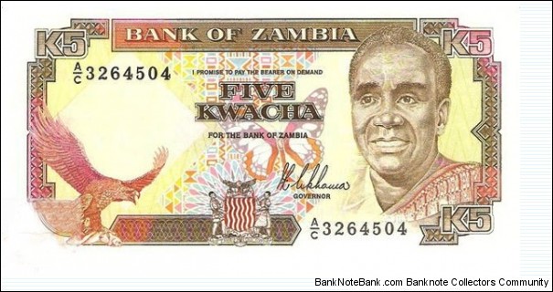 Zambia 5 Kwacha 1989 Pick 30a UNC Banknote