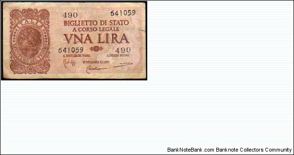 1 Lira__ pk# 29 b__ sign: Bolaffi/Cavallaro/Giovinco__ R.D.L 20.05.1935-n° 874__ D.M 23.11.1944__
series: 490 - 641059 Banknote