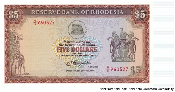 Rhodesia P32b (5 dollars 20/10-1978)
(The note is UNC but a cut in the down left corner reduces the value. However it's a nice note.) Banknote