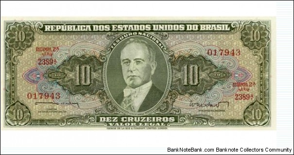 1956/58 10 cruzeiros Green Stamp 2A Series A Getulio Vargas Sign Lemos &.Lopes Allegory of industry TDLR Banknote