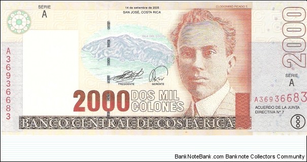 2000 colones; September 14, 2005; Series A Banknote