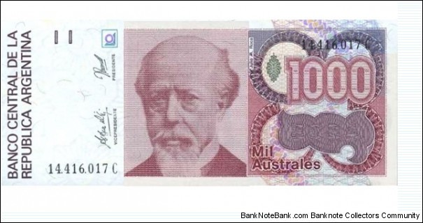Banco Central de la República Argentina | 1,000 Australes | Obverse: Portrait of General and President Julio Argentino Roca (1843-1914) | Reverse: Liberty (Progreso) | Watermark: Repeated eight-angled sunfaces Banknote