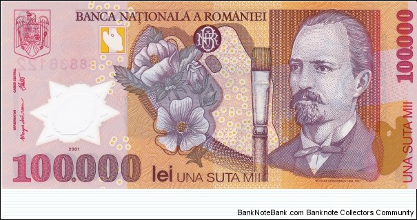 Romania 100k lei 2001, polymer Banknote