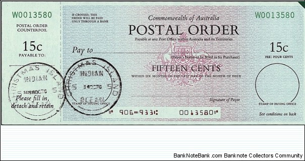 Christmas Island (Indian Ocean) 1976 15 Cents postal order. Banknote