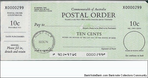 Norfolk Island 1976 10 Cents postal order. Banknote