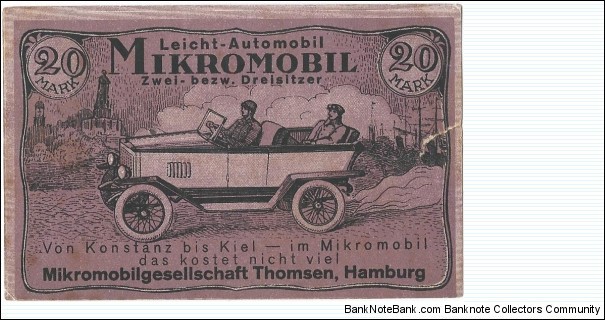 20 Mark, ten of these notes could be exchanged for a 'Mikromobil' car. Banknote