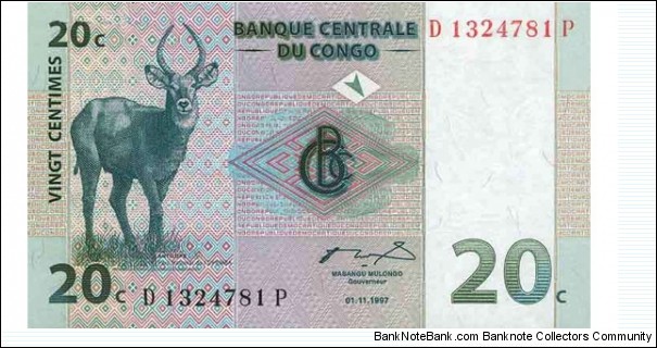 Congo Democratic Republic Banknotes Pick 083a 20 Centimes 1997.11.1 Banknote