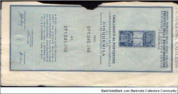 *Coupon*__
5000 Lire__
pk# NL__
Prestito per la Ricostruzione__
26.10.1946 Banknote