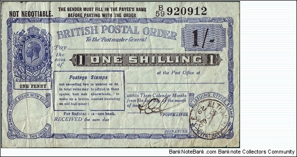 England 1929 1 Shilling postal order.

Issued at Eltham-New Eltham,S.E. (London).

An interesting spacefiller from King George V's reign (1910-36). Banknote