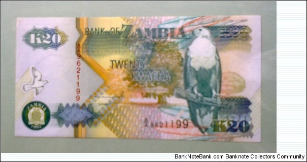 20 Kwacha, Bank of Zambia;
Fish eagle / State House (President's palace, Lusaka), Liberty monument (Lusaka) Banknote