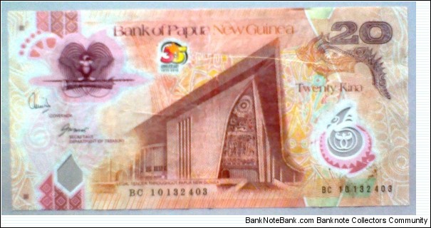 20 Kina, 35th Anniversary of Independence (1975-2010); Bank of Papua New Guinea, Polymer; Parliament building, Port Moresby / Boar, conches Banknote