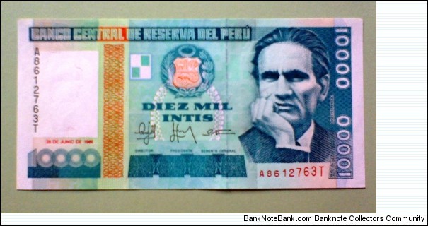10000 Intis, Banco Central de Reserva del Perú, 28.06.1988
César Vallejo / Santiago de Chuco Banknote