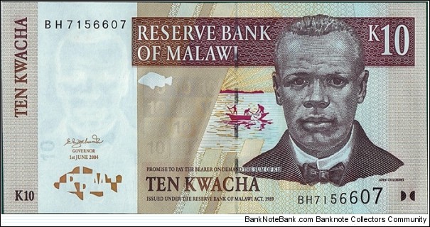 Malawi 2004 10 Kwacha.

Cut unevenly. Banknote