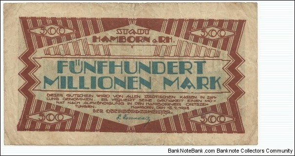 Germany-Hamborn Stadt 500 Millionen Mark 1923 Banknote