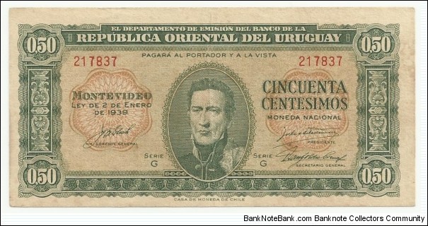 Uruguay 50 Centesimos 1939 Banknote