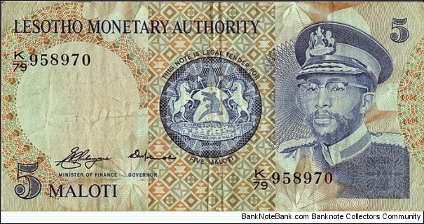 Lesotho 1979 5 Maloti.

Serial number prefix - 'K/79'. Banknote