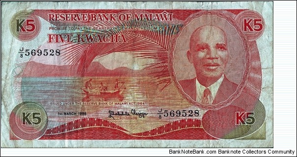 Malawi 1986 5 Kwacha. Banknote