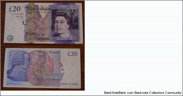 20 Pounds. Andrew Bailey signature. Serial No. 033333. Banknote