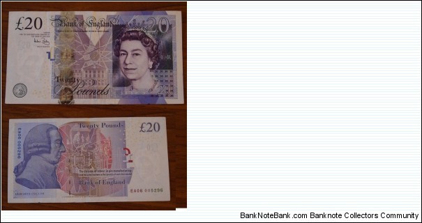 20 Pounds. Andrew Bailey signature. Low serial No. 5296. Banknote