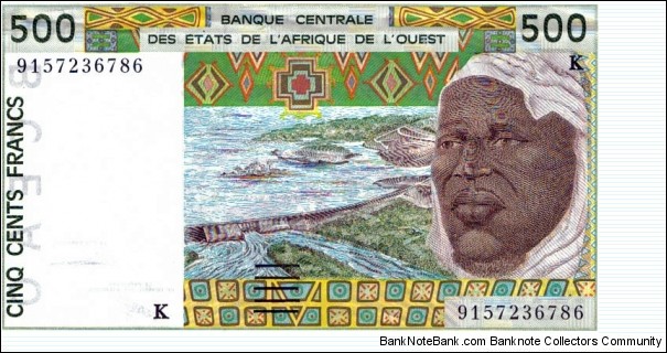 500 Francs West African States Banque Centrale des Etats de l'Afrique de l'Ouest 500 Francs Multi Farmer on tractor Flood control dam & native Security thread Wtmrk Senegal = K Banknote