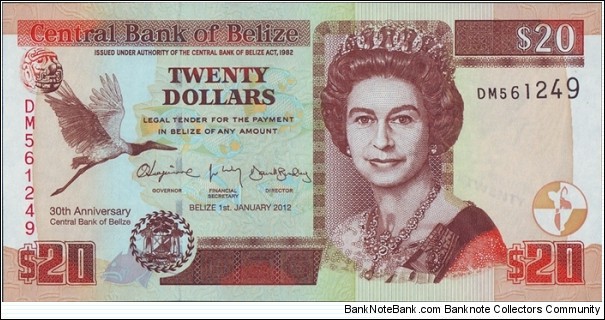 Belize 2012 20 Dollars.

30 Years of the Central Bank of Belize. Banknote