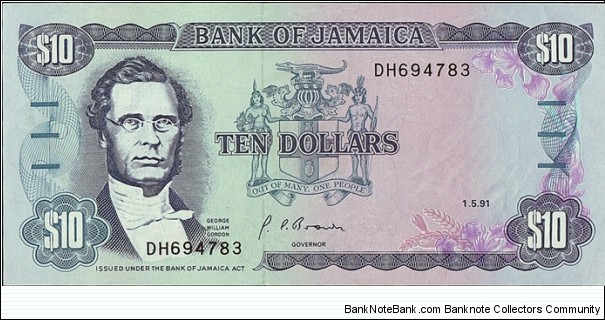 Jamaica 1991 10 Dollars. Banknote