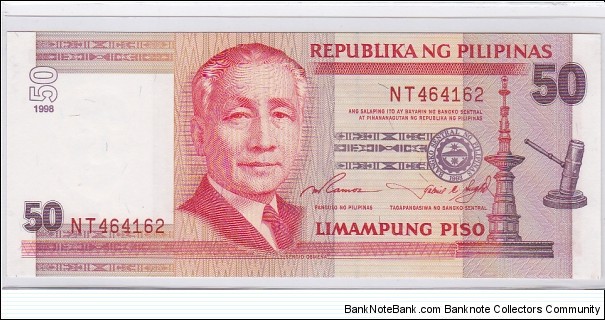 Philippines 50 Pesos NDS

O: Sergio Osmena, red serial, Ramos - Singson

R: Gusali ng Batasan, former House of Congress
 Banknote