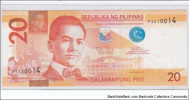 Philippines NGC 20 Pesos RADAR serial 2012

serial:PX410014

O: Manuel L. Quezon
R: Banaue Rice Terraces, Palm Civet Banknote