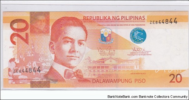 Philippines 20 Pesos REPEATING repeater serial, NGC

serial:ZE844844 Banknote