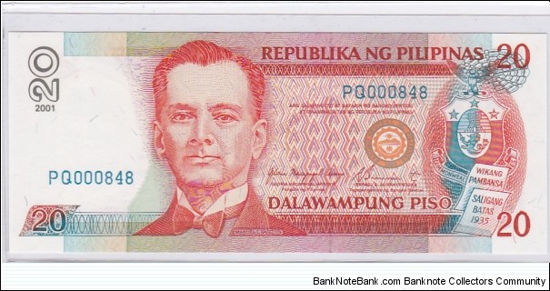 Philippines 20 Pesos NDS

O:Manuel L. Quezon, sigs: Arroyo - Buenaventura, BLUE serial

R: Malacanang Palace

 Banknote