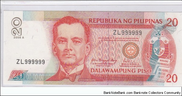 Philippines 20 Pesos NDS 2008A SOLID serial ZL999999
Arroyo - Tetangco Banknote