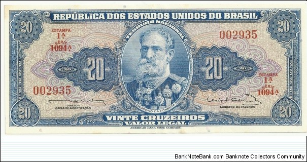 Brasil 20 Cruzeiros Serie A Estampa1 Banknote
