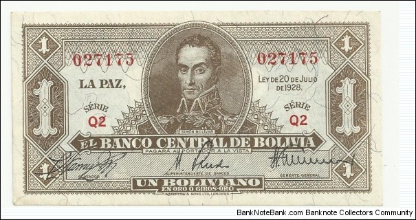 Bolivia 1 Boliviano 1928 Banknote