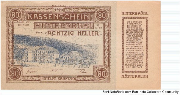 Notgeld Hinterbrühl bei Wein 80 Heller Banknote