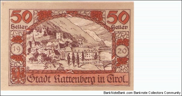 Notgeld Kattenberg 50 Heller Banknote