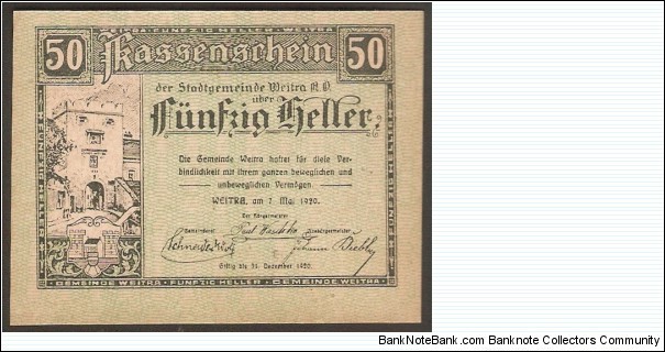 Notgeld Weitra 50 Heller Banknote