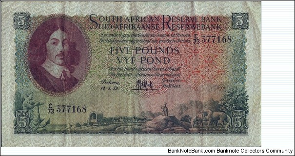 South Africa 1959 5 Pounds.

'English on Top' type. Banknote